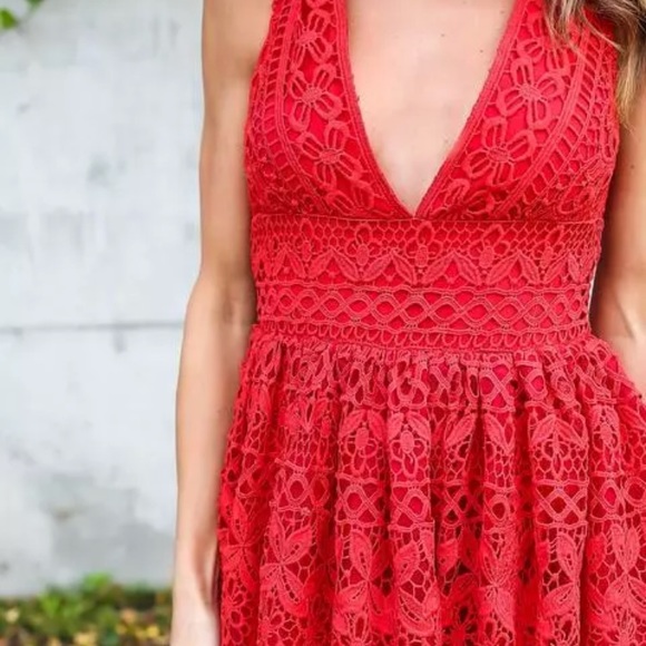 Red crochet lace maxi dress formal gown long - Picture 2 of 7